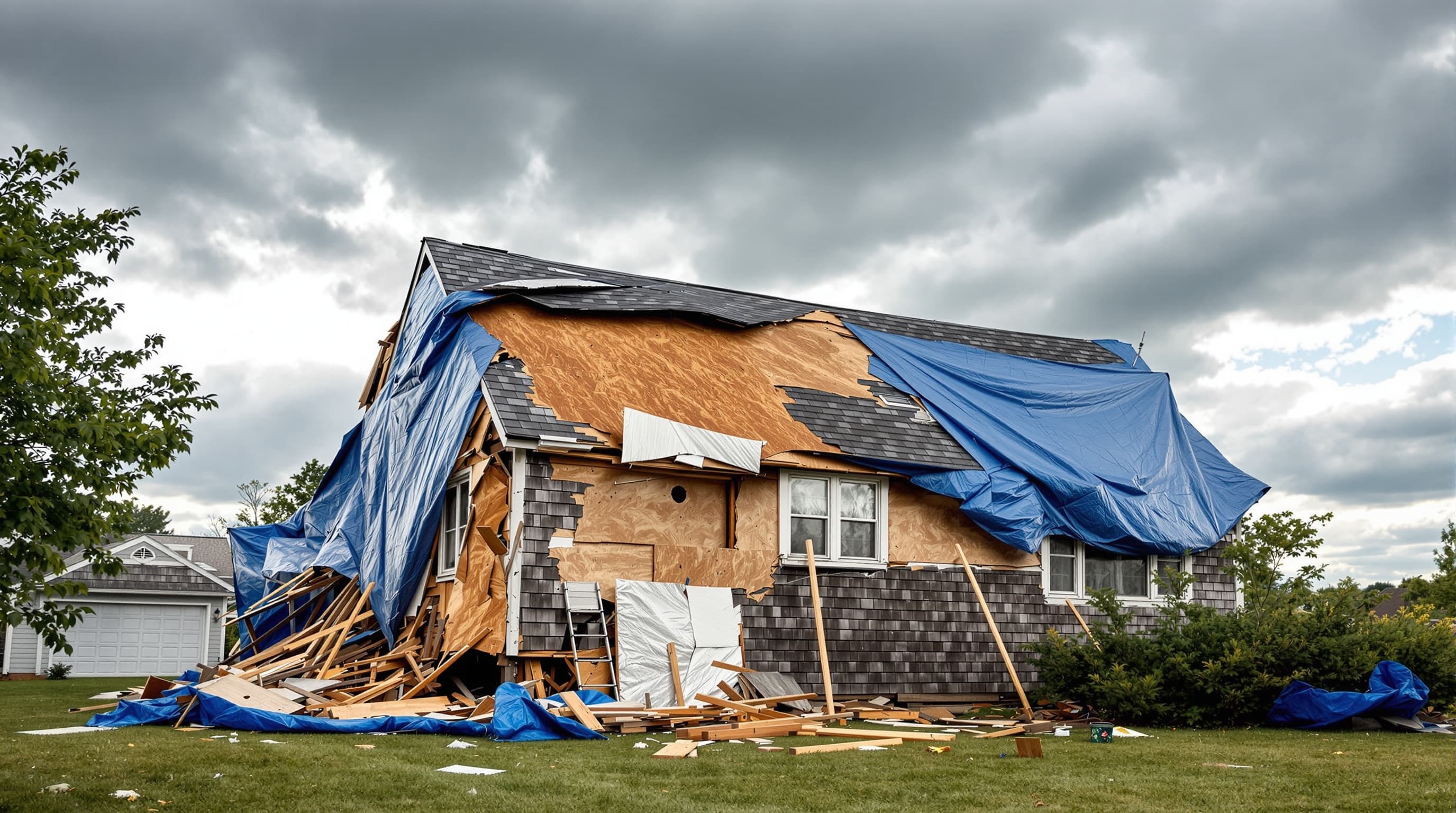 Post-storm cape cod in Levittown with damaged shingles